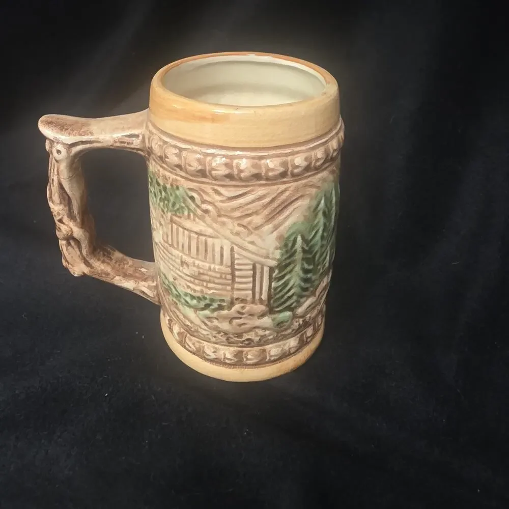Vintage Made in Japan Ceramic Beer Stein Mug – Raised Relief Cottage / Forest